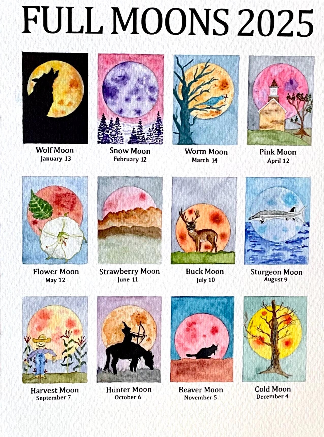 2025 Full Moons Watercolor Print Etsy