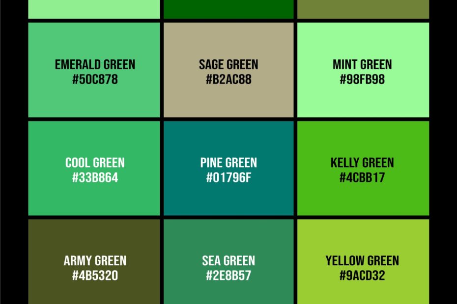 237 Shades Of Green Color Names HEX RGB CMYK Codes Green