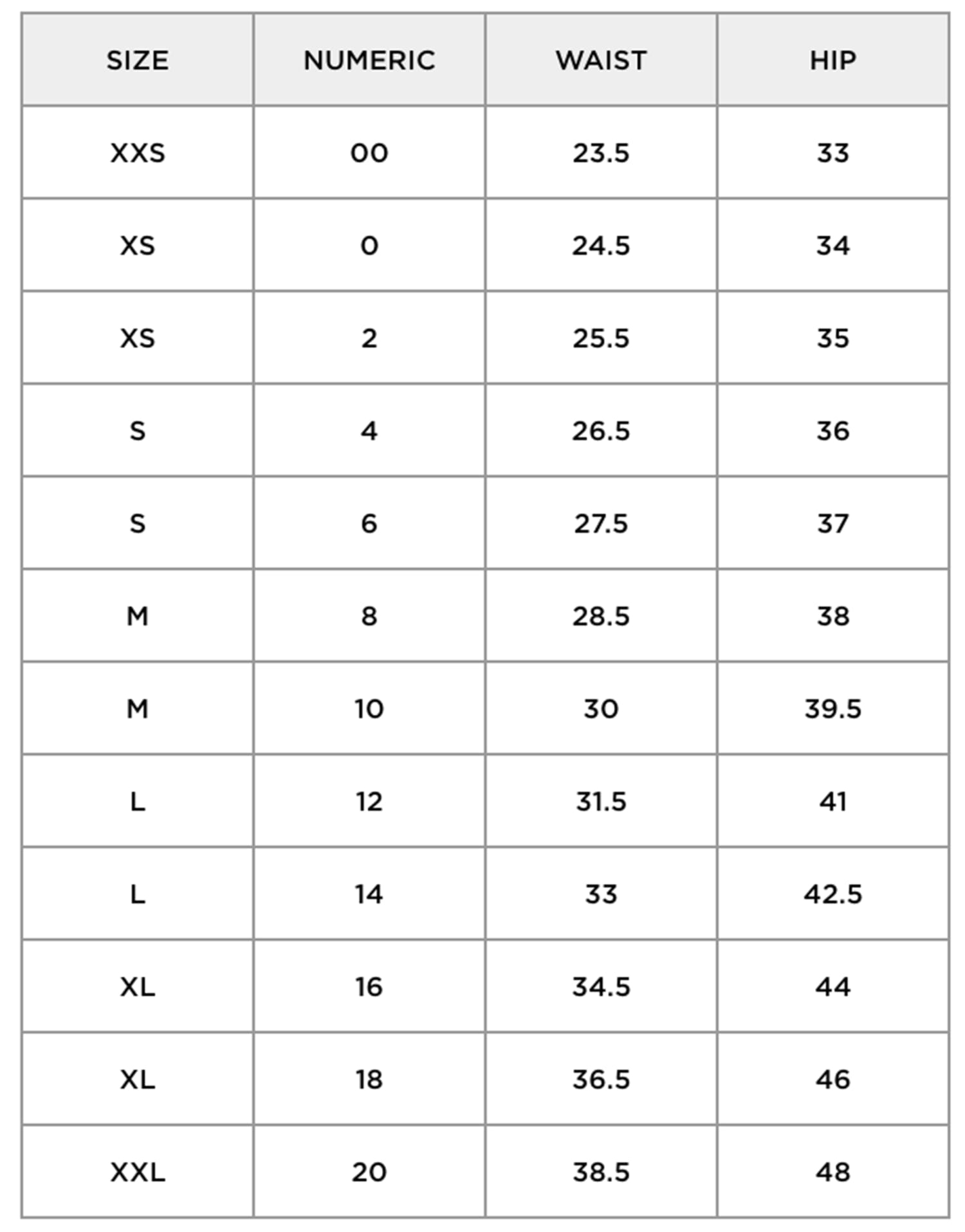 Aeropostale Size Charts