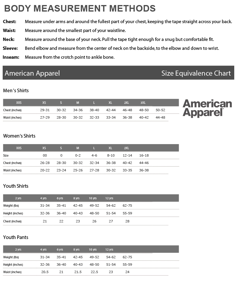 American Apparel Size Chart Ponasa