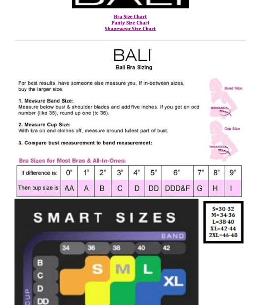 Bali Bra Size Chart Printable Pdf Download