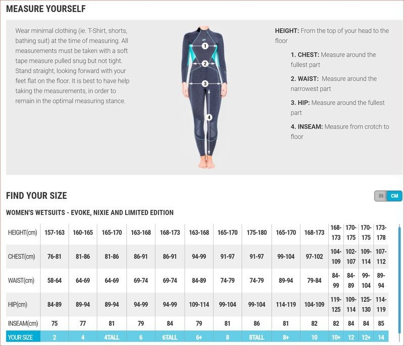 Bare Wetsuit Sizing Chart