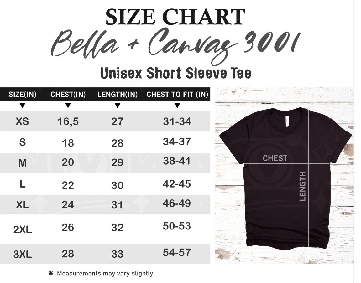 Bella Canvas 3001 Size Chart Bella Canvas Mockup Size Chart Etsy UK