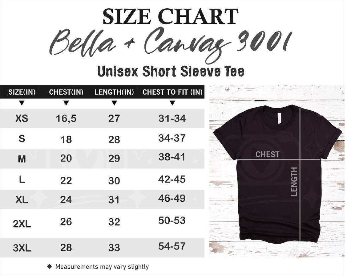 Bella Canvas 3001 Size Chart Bella Canvas Mockup Size Chart Etsy UK