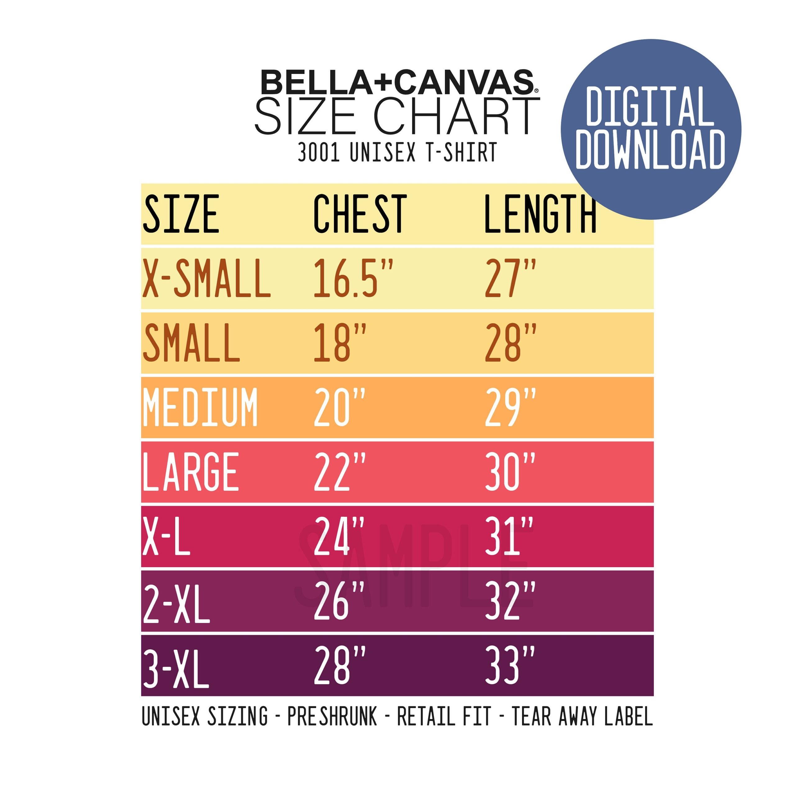 Bella Canvas 3001 Size Chart Bella Canvas Size Chart Etsy