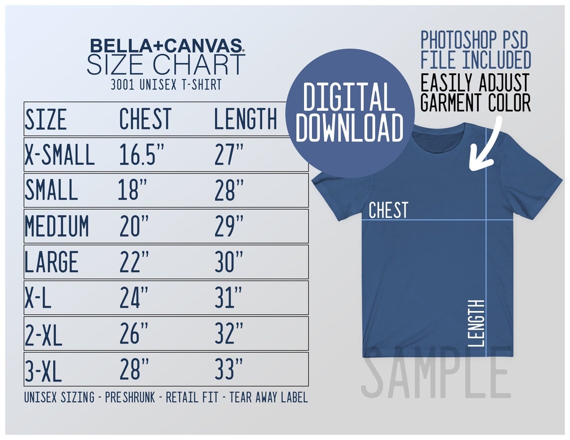 Bella Canvas 3001 Size Chart Bella Canvas Size Chart Etsy