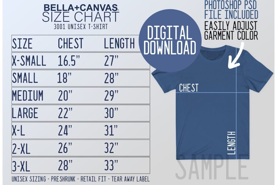 Bella Canvas 3001 Size Chart Bella Canvas Size Chart Etsy