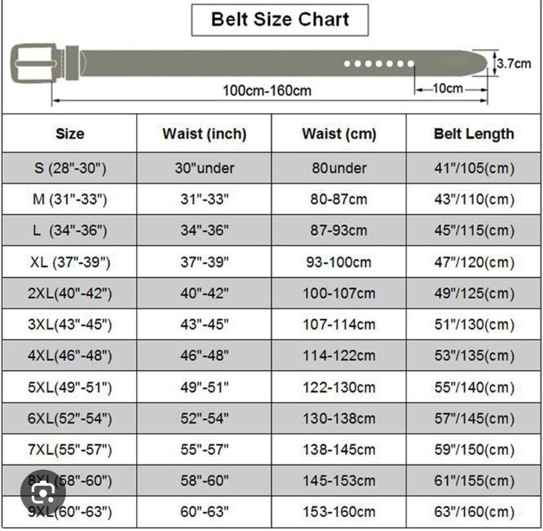 Belt Size Chart Belts By Jas