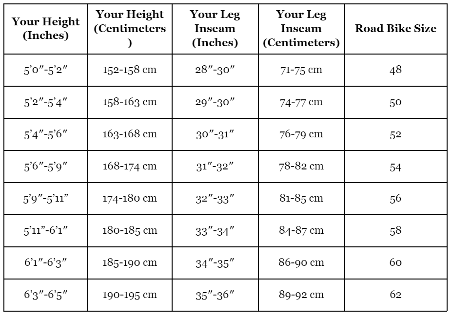 road bike height chart road bike height chart
