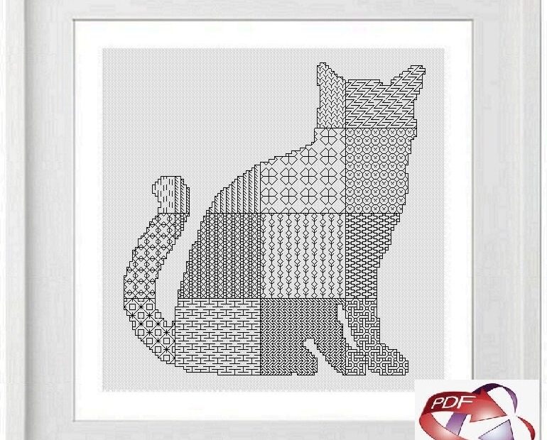 Blackwork Cat Cross Stitch Chart pattern PDF Download Etsy