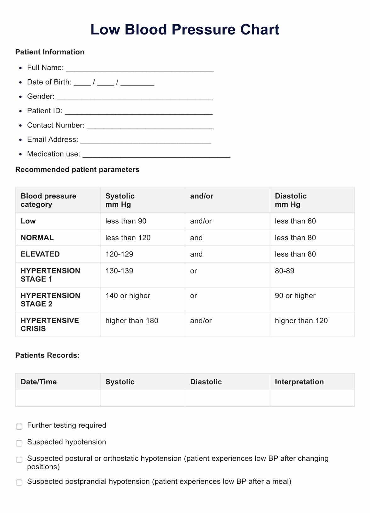 Blood Pressure Chart Example Free PDF Download