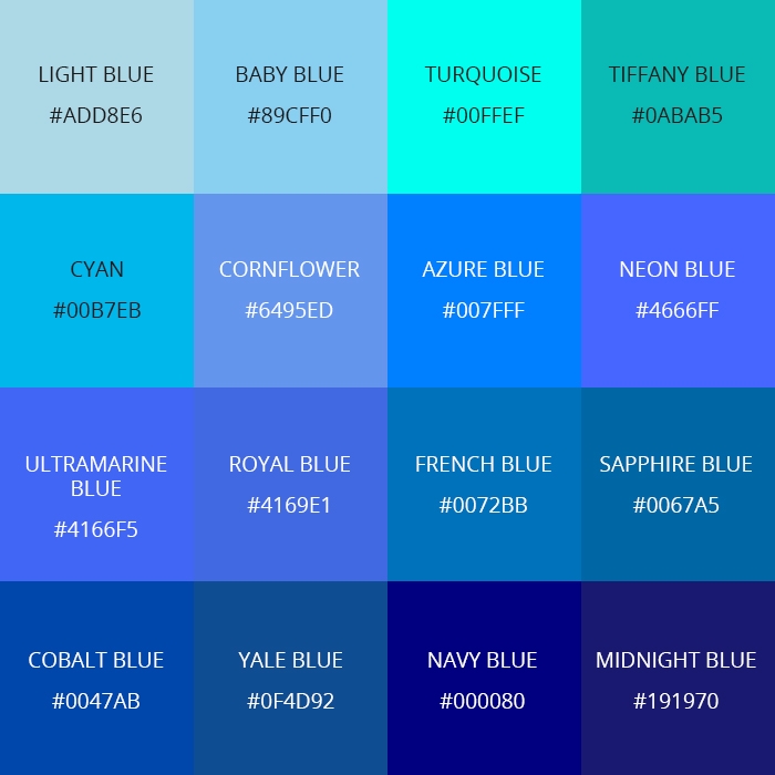 Blue Color Chart With Names