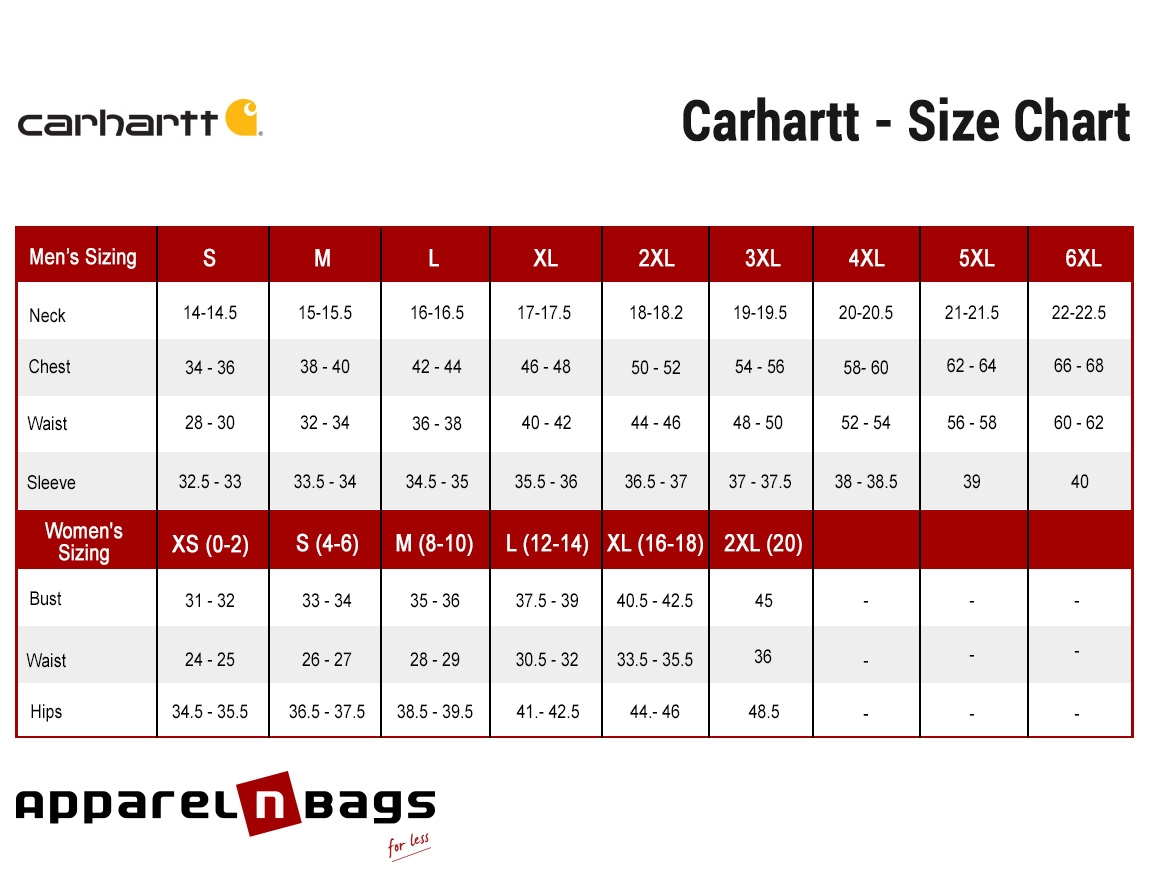 Carhartt Size Chart ApparelnBags