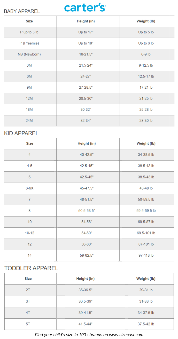 Carter 39 s Preemie Size Chart Size Carters Chart Baby Carter C