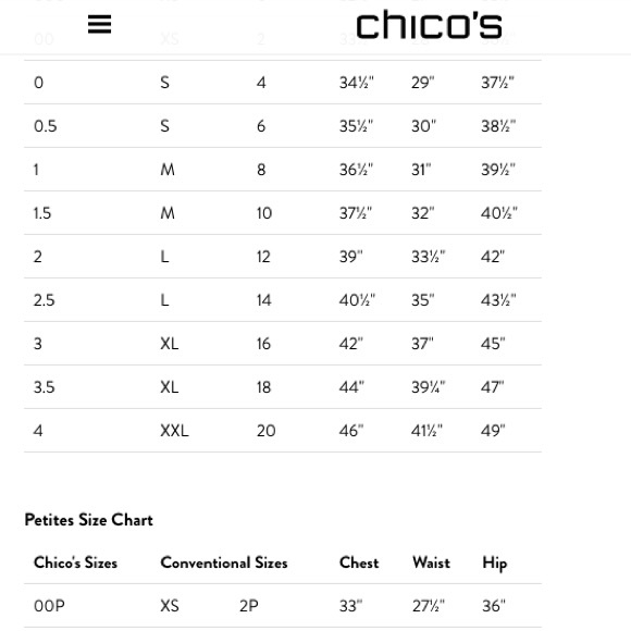 Chicos Clothing Size Chart Chicos Sizing Charts