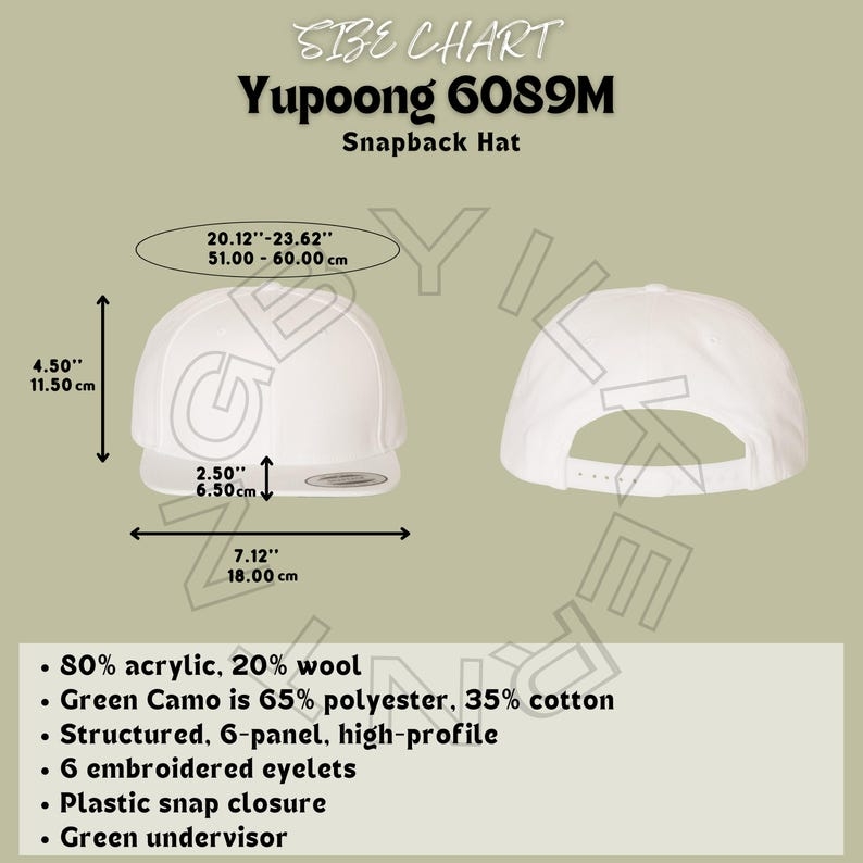 Classic Snapback Hat Size Chart Yupoong 6089M Size Chart Unisex 