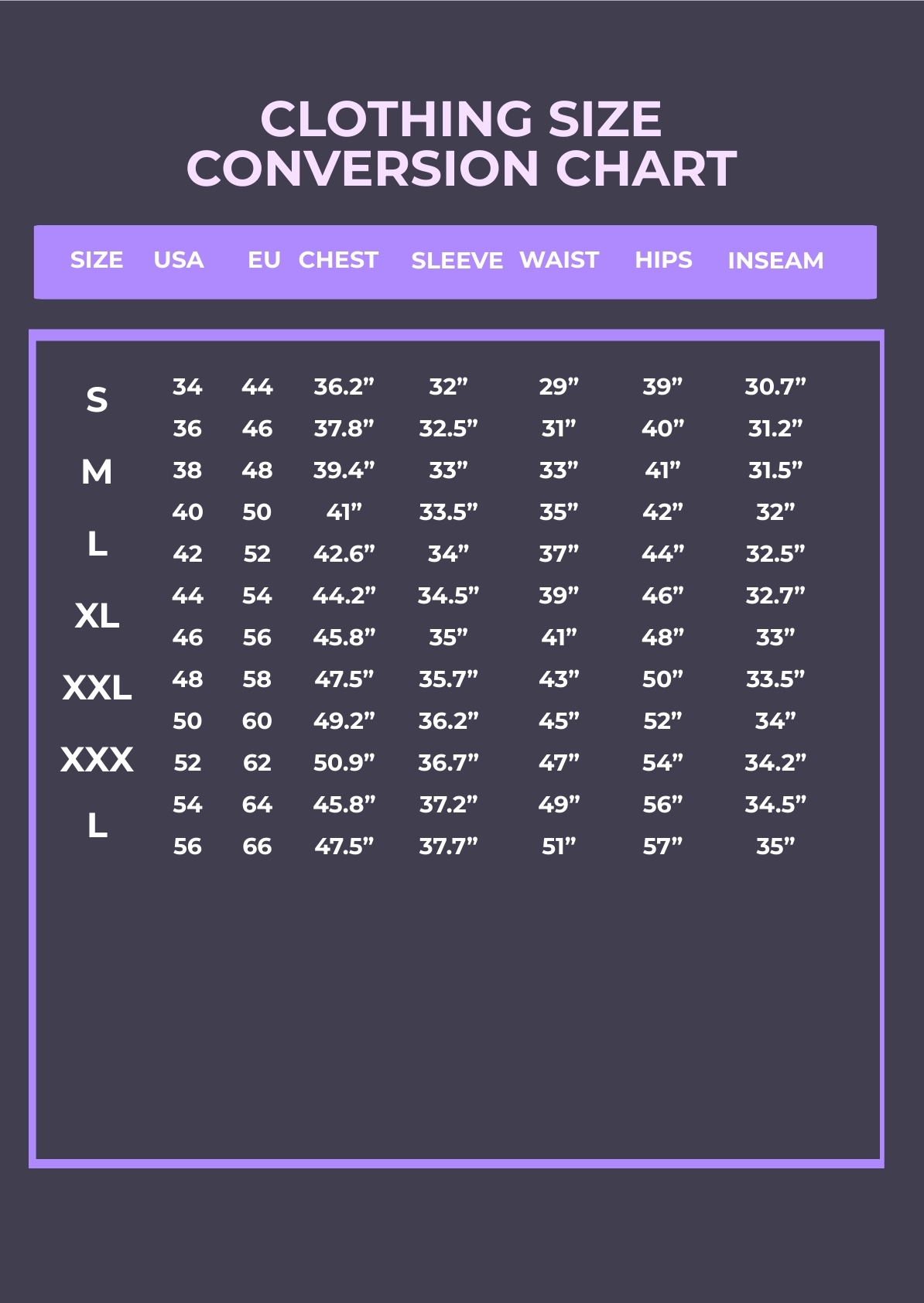 Clothing Size Chart