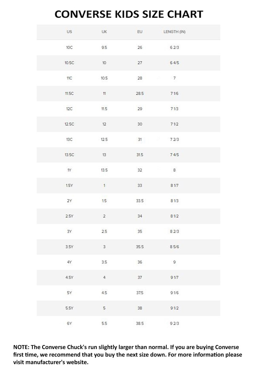 Converse Shoe Size Chart Youth Little Kid Sizes 12 5 3 