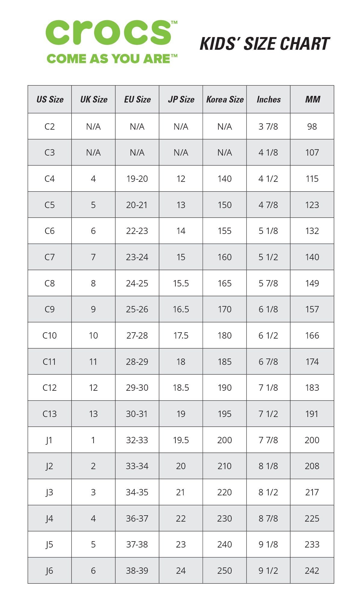 Crocs Eu Size Chart Crocs Printable Size Chart
