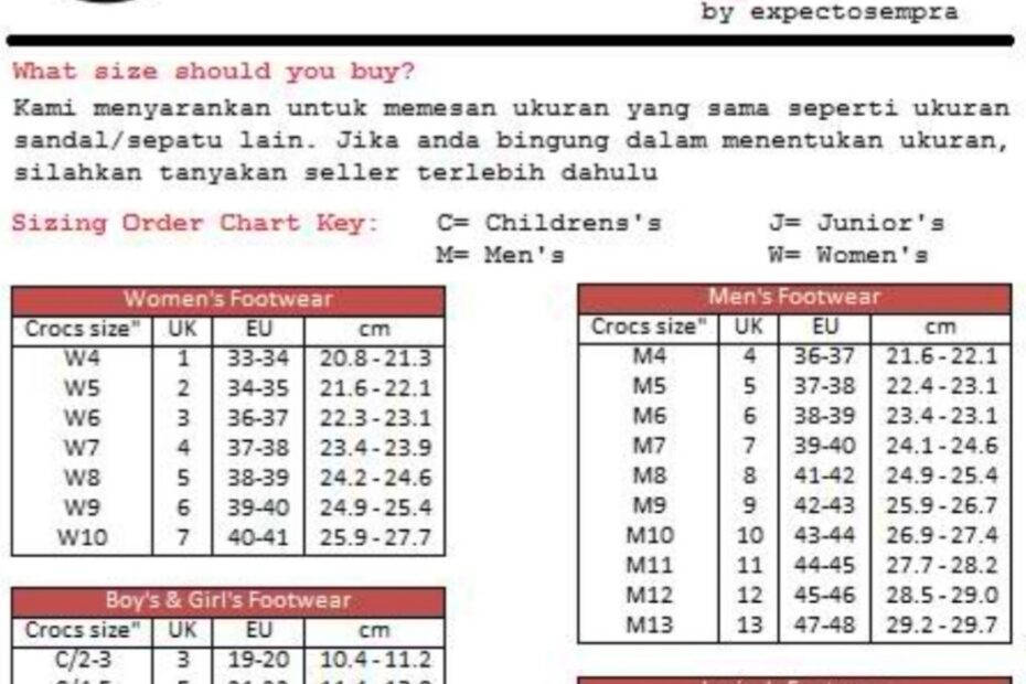 Crocs Printable Size Chart
