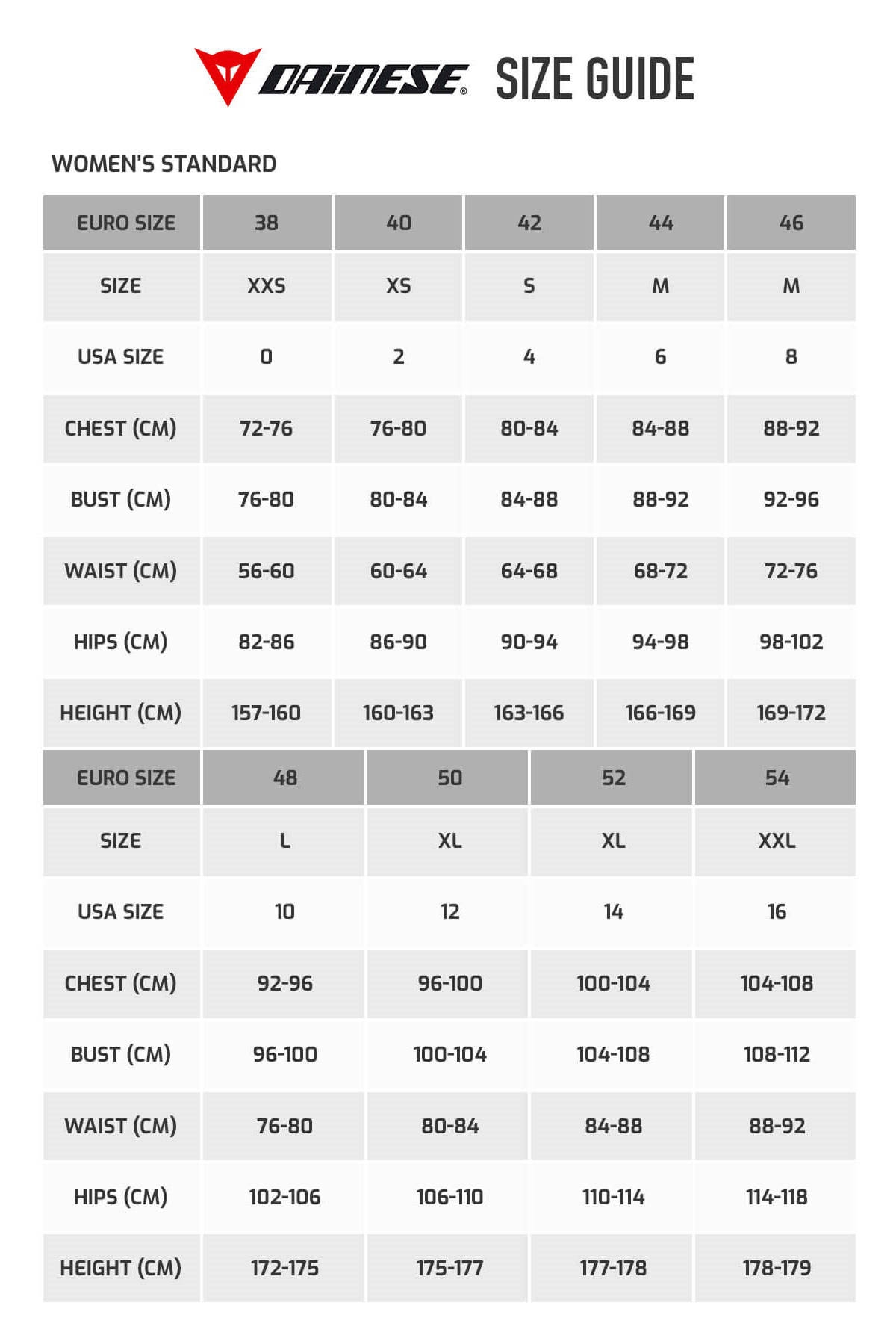 Dainese Size Chart Ladies Ponasa
