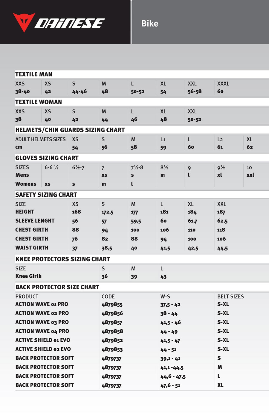 Dainese Size Chart Uk A Visual Reference Of Charts Chart Master
