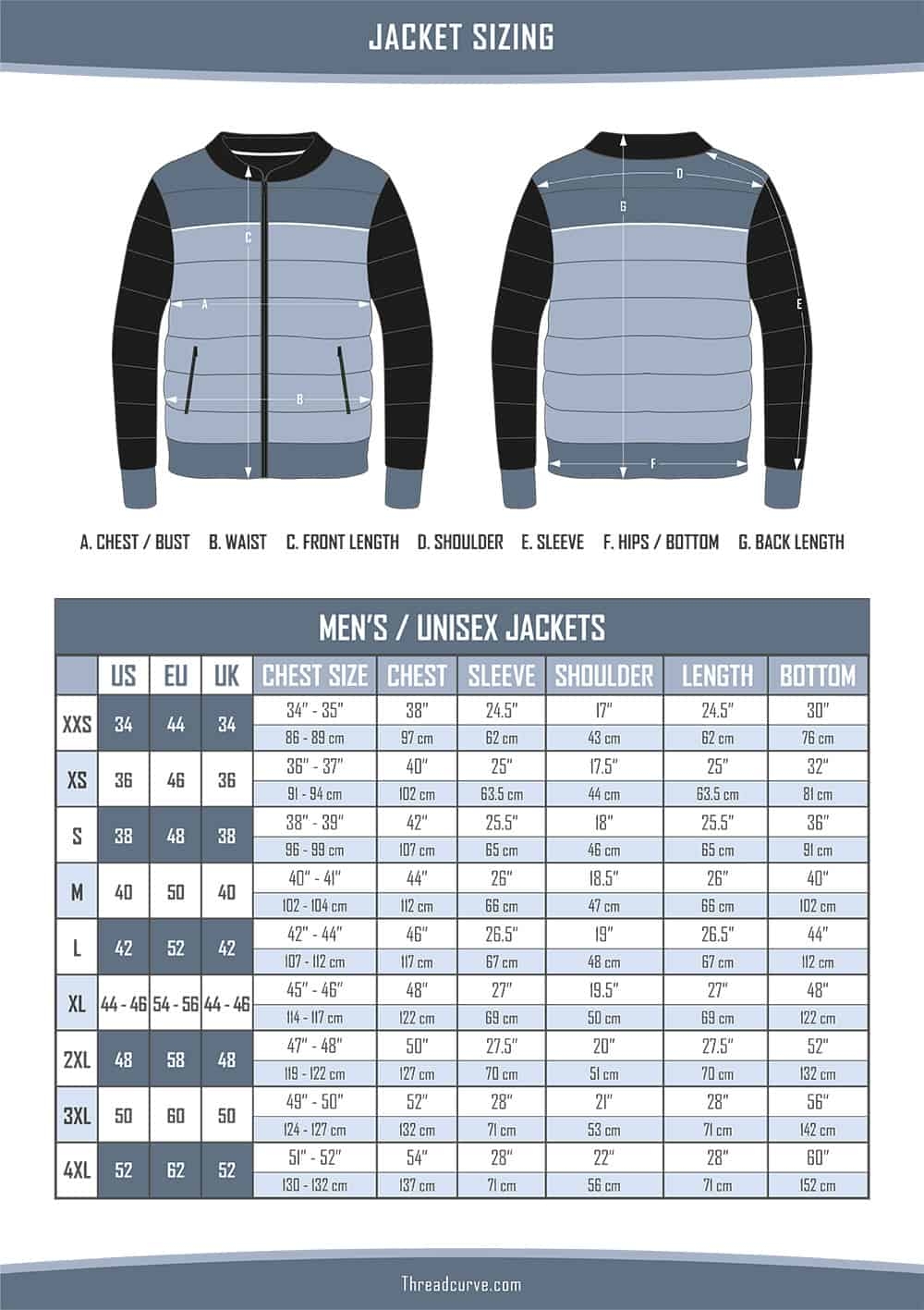 Detailed Coat Jacket Size Chart Table Diagram 