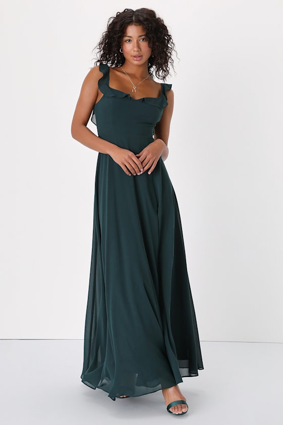 Emerald Green Maxi Dress Ruffled Strap Dress Backless Dress Lulus