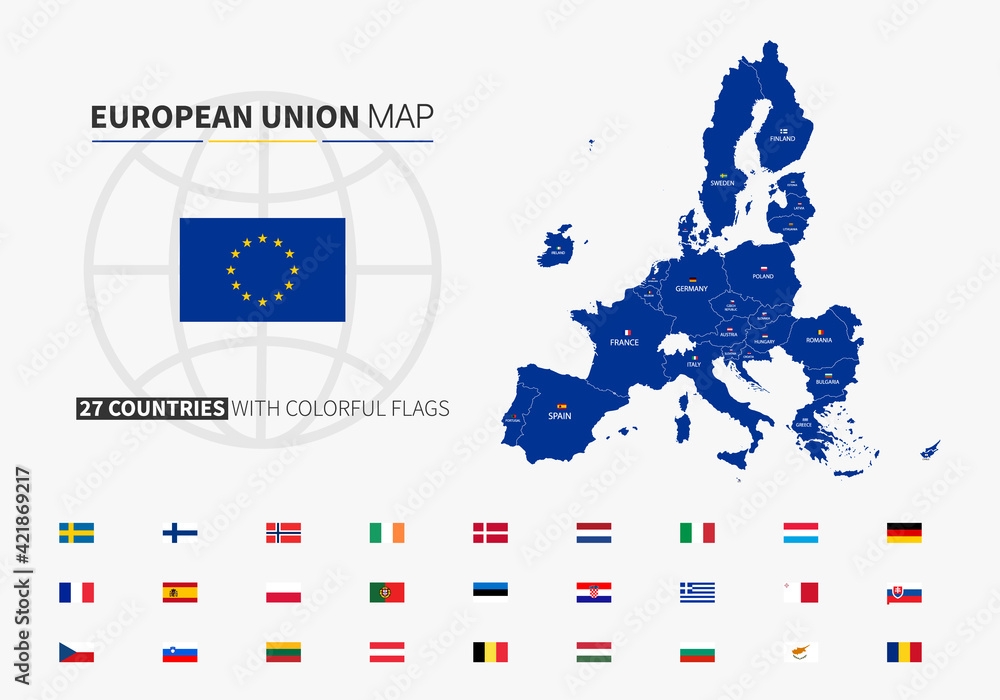 European Union Map Map Of EU With Countries And Flags EU Flag Set Of 