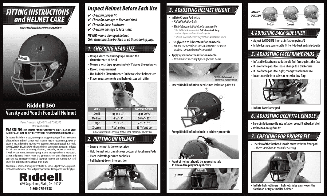 Football Helmet Size Chart Riddell Download Printable PDF 