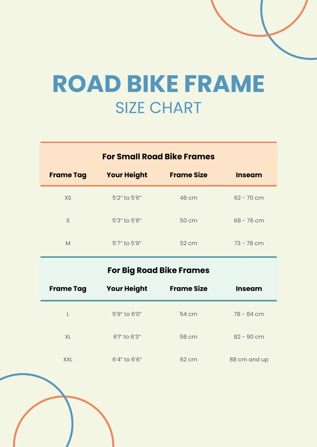 Free Road Bike Frame Size Chart Template To Edit Online
