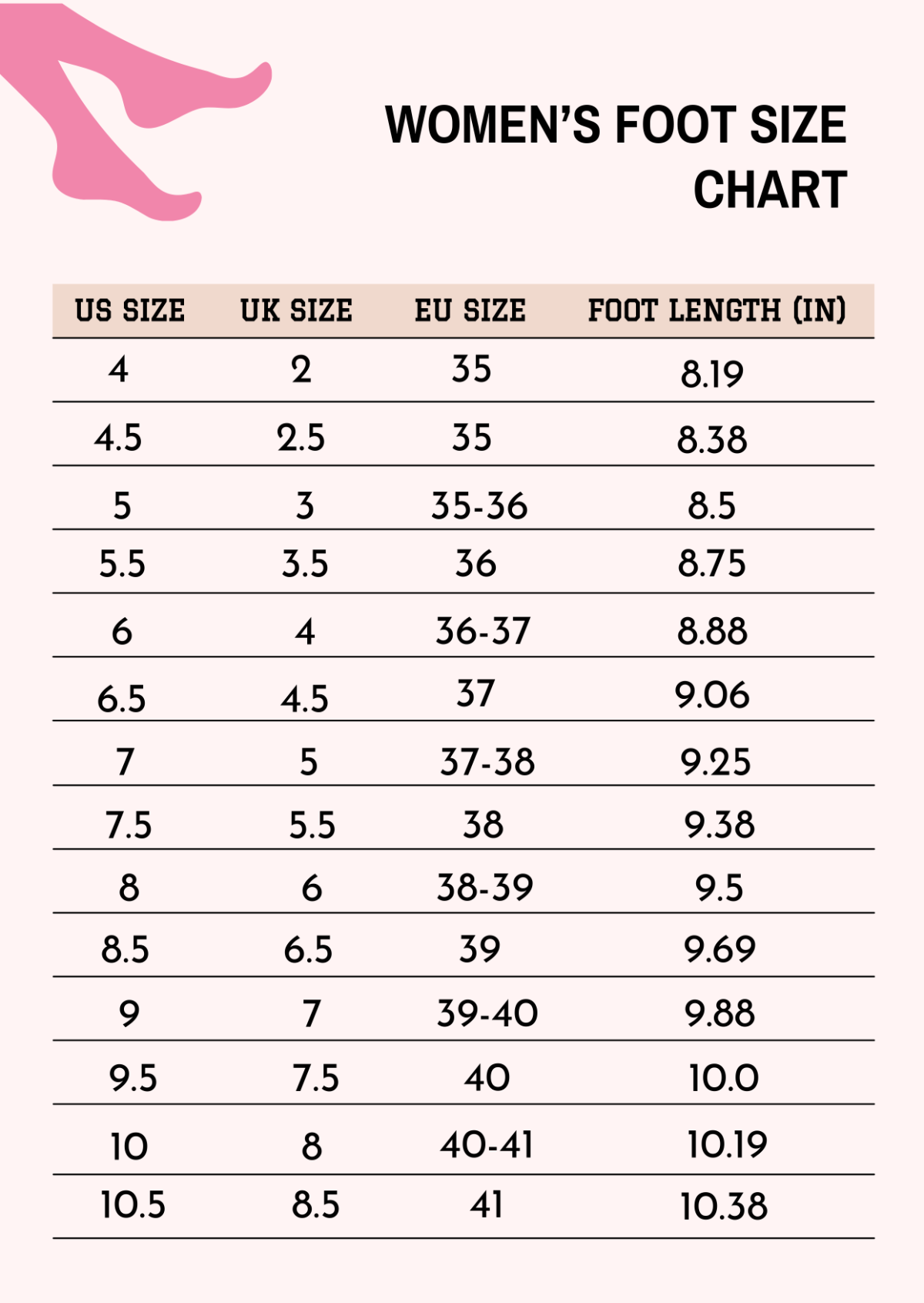 Free Shoe Size Chart Templates Editable And Printable