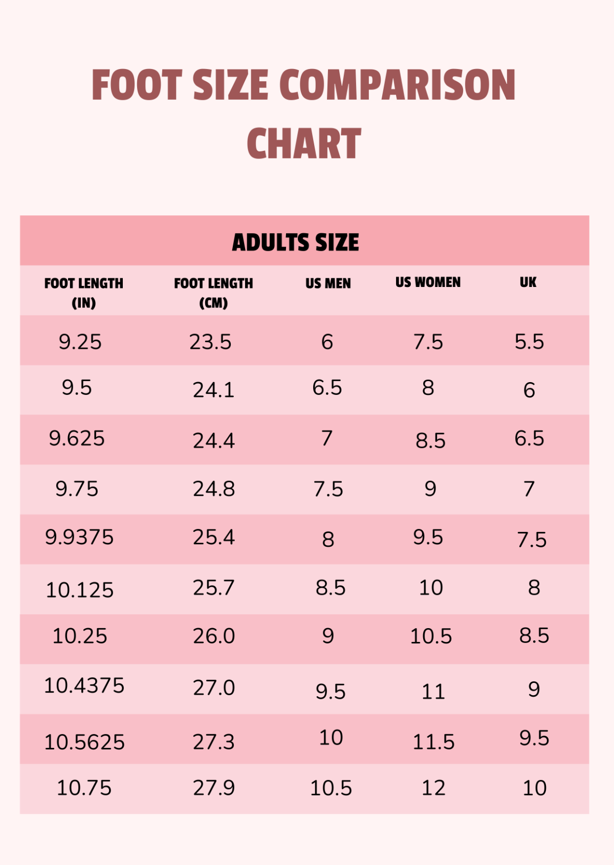 Free Shoe Size Chart Templates Editable And Printable