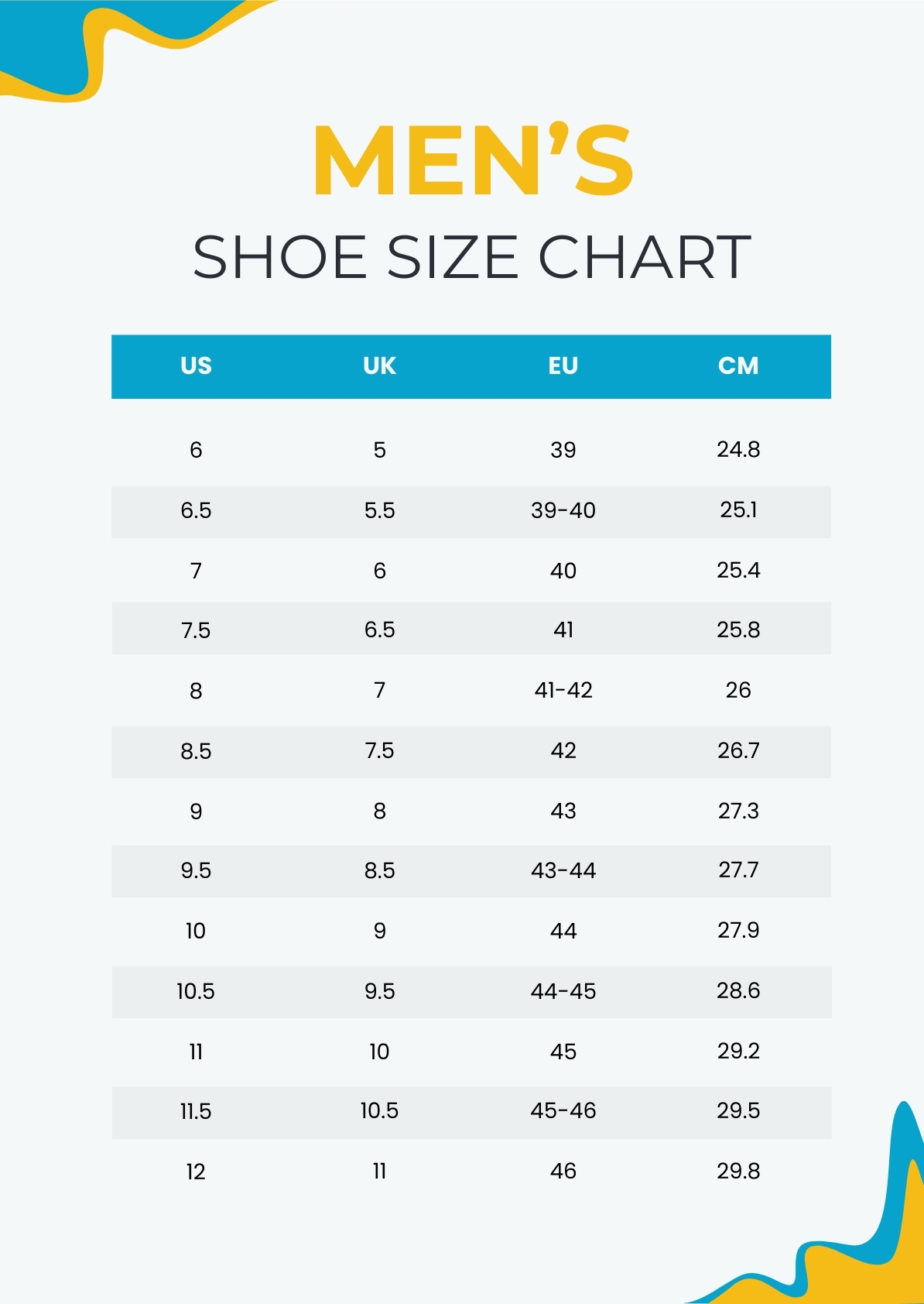 FREE Shoe Size Chart Templates Examples Edit Online Download 