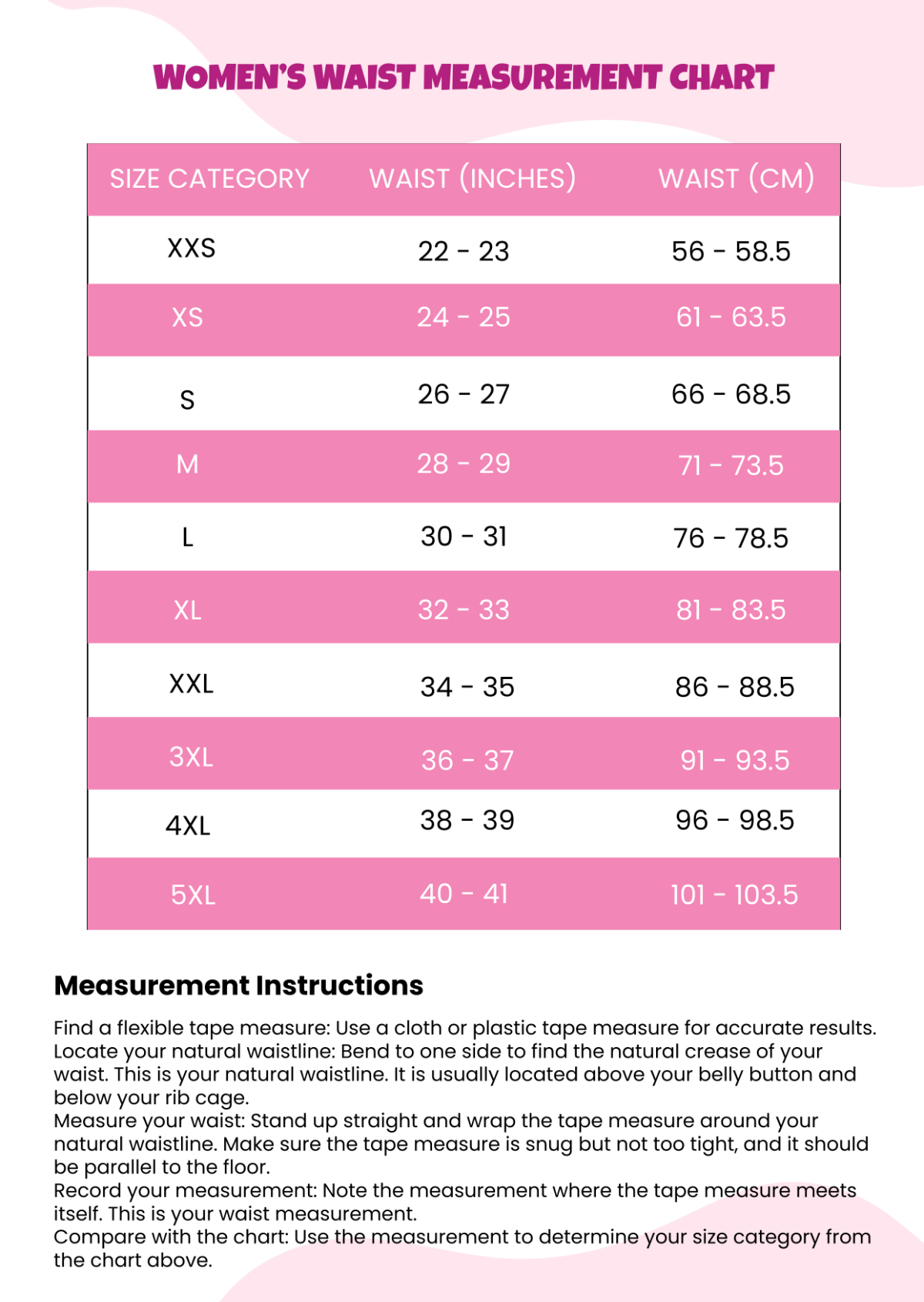 Free Women 39 s Waist Measurement Chart Template To Edit Online
