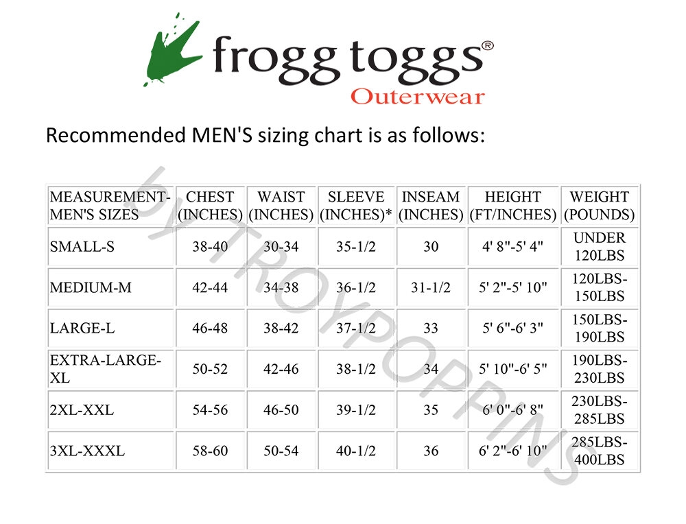 Frogg Toggs Sizing Charts X tremedist X TREME DISTRIBUTING LLC 