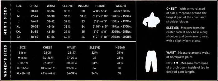 Frogg Toggs Sizing Tips