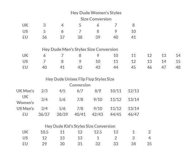 Hey Dude Shoes Size Chart And Fitting Guide Size Charts