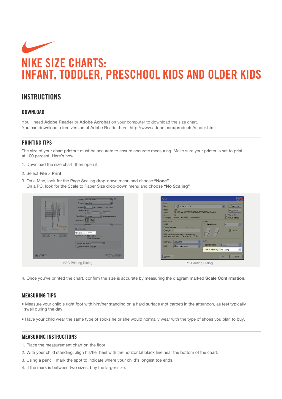 Infant Toddler Preschool Kids And Older Kids Size Chart Nike 