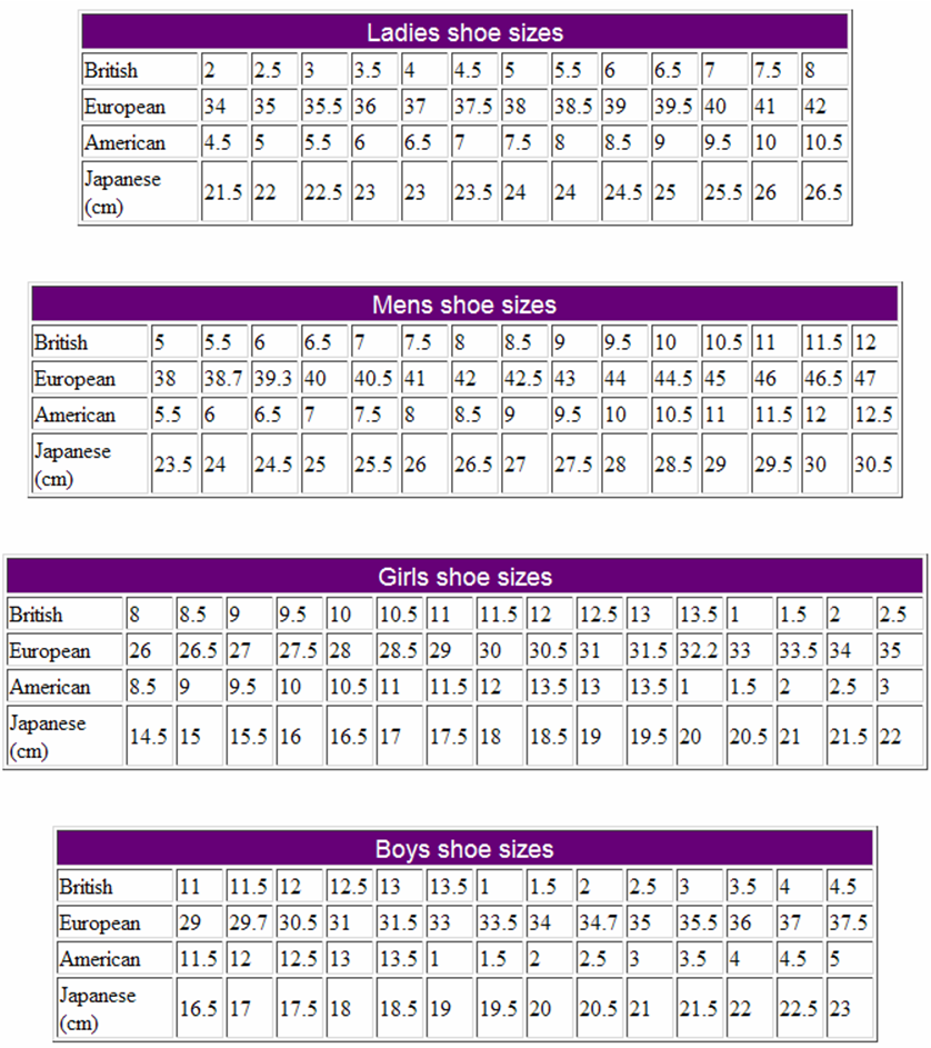 international footwear size chart