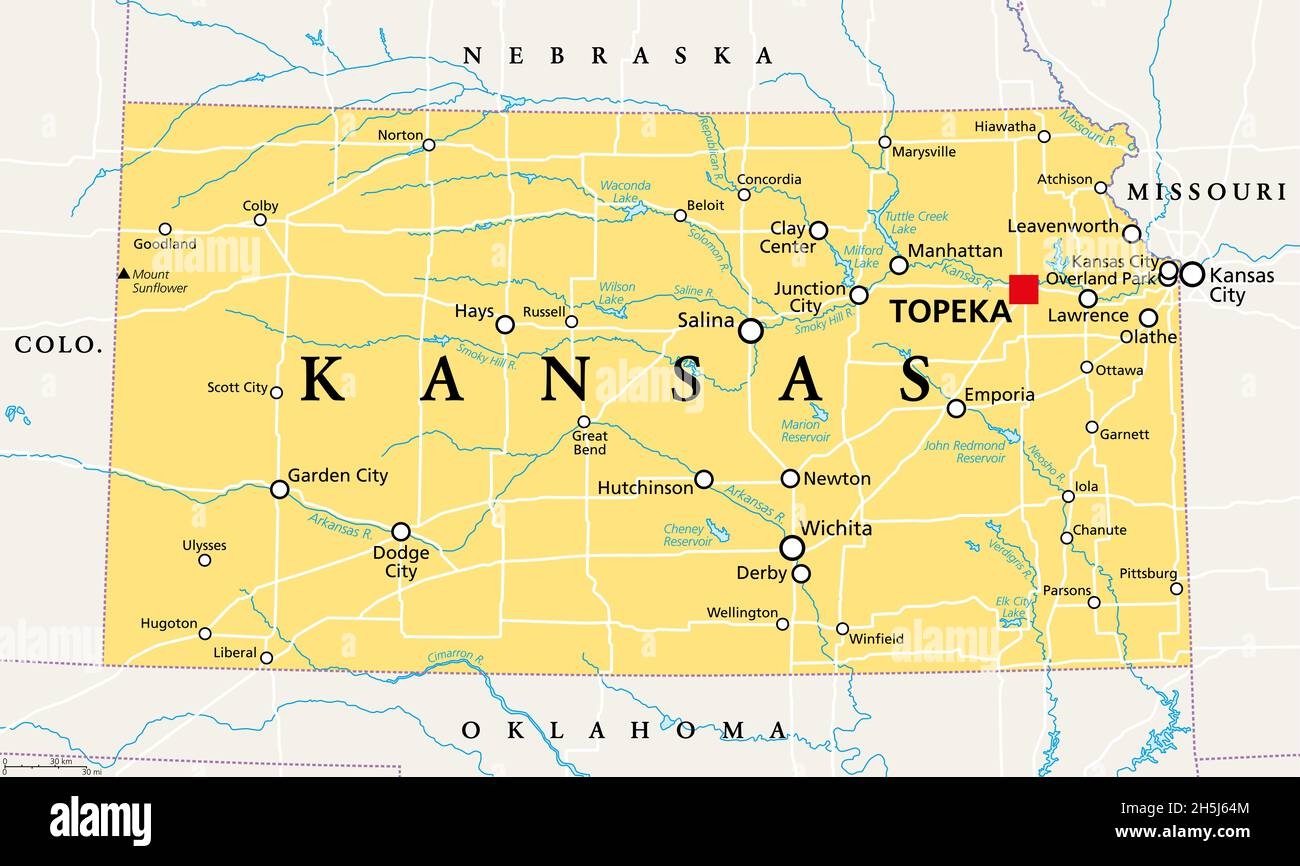 Kansas KS Political Map With Capital Topeka Important Rivers And 