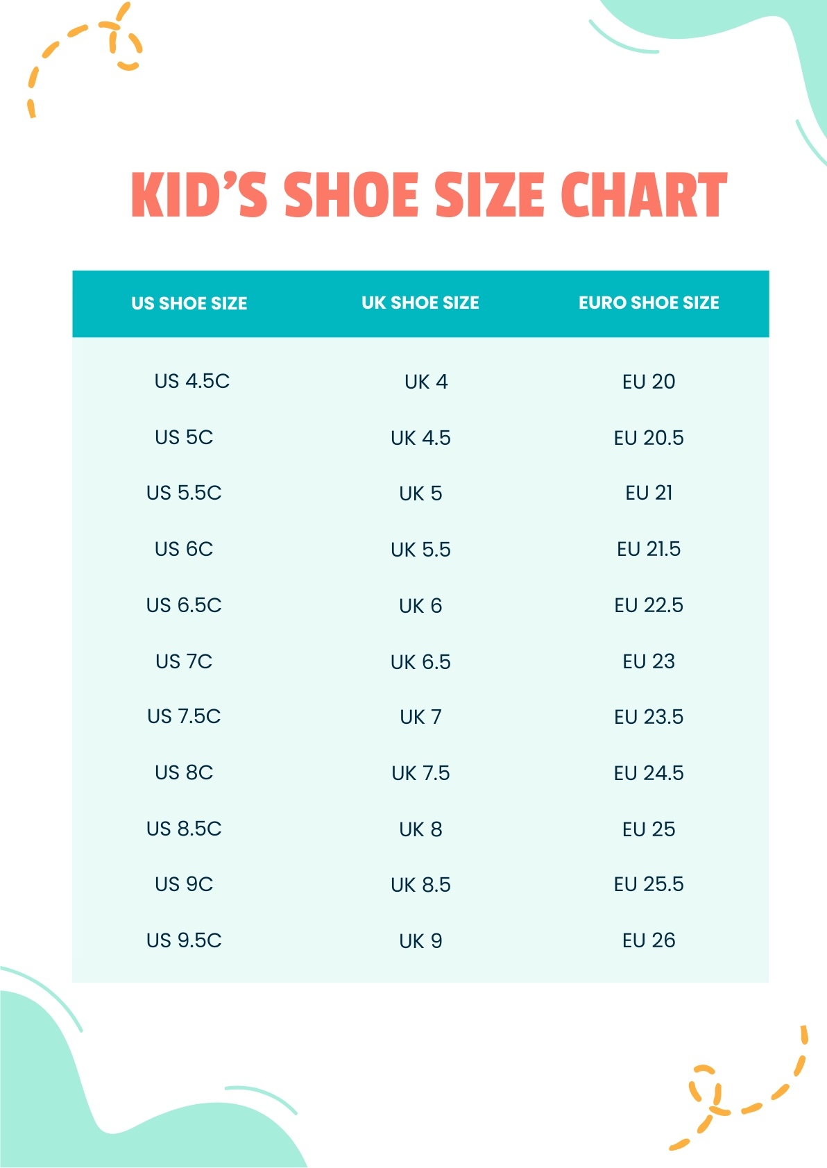 Kids 39 Shoe Size Chart In Illustrator PDF Download Template