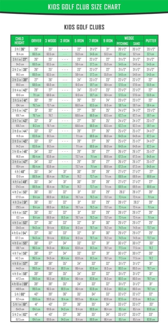 youth golf club size chart youth golf club size chart