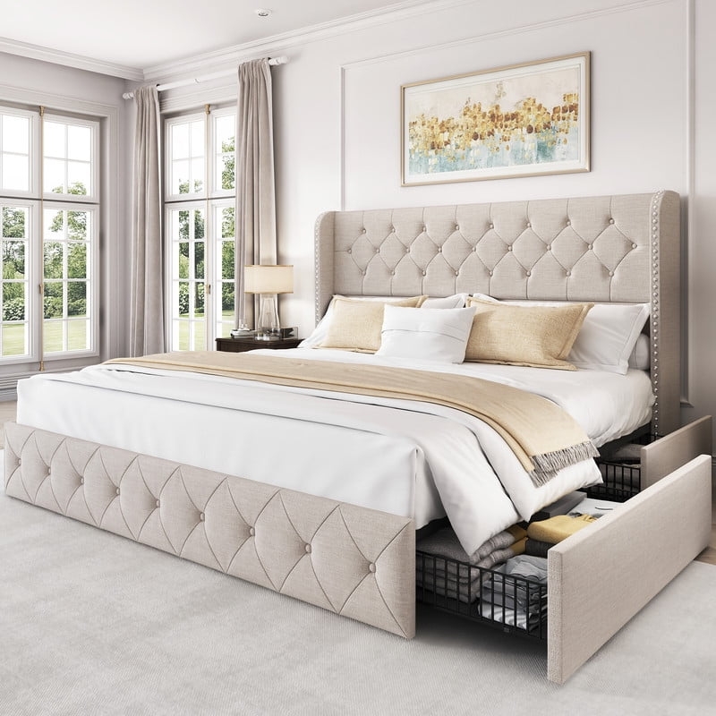 LARMACE King Size Bed Frame With 4 Storage Drawers And Tufted Headboard 