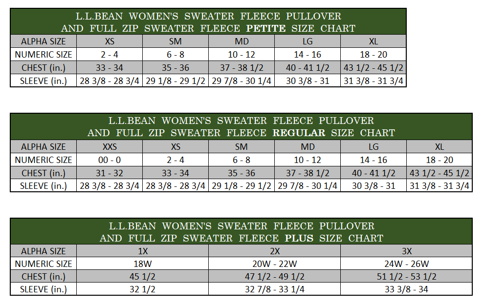Ll Bean Fleece Size Chart At Joseph Dudgeon Blog