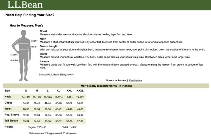 Ll Bean Size Chart Mens A Visual Reference Of Charts Chart Master