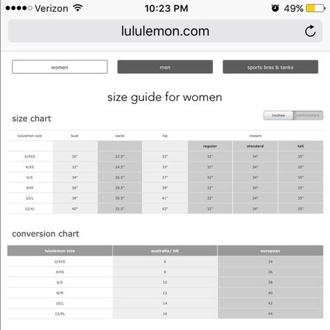 Lululemon Crop Leggings Size Chart Printable