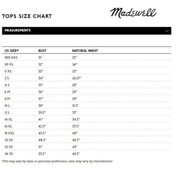 Madewell Other Madewell Tops Size Chart Poshmark