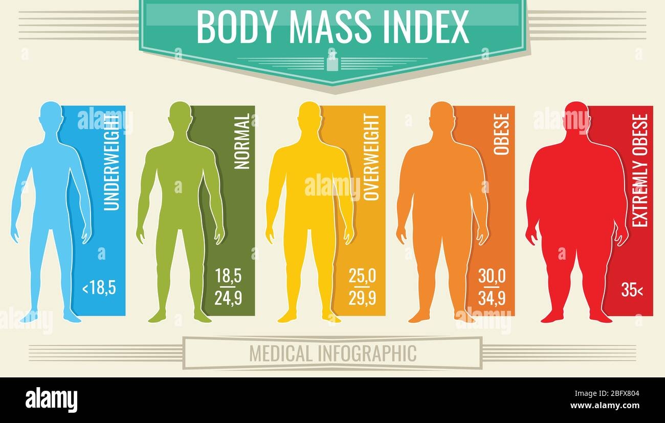 Man Body Mass Index Vector Fitness Bmi Chart With Male Silhouettes And 