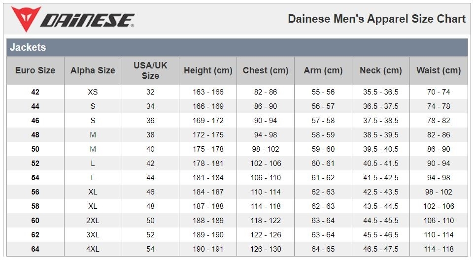 dainese jacket size chart